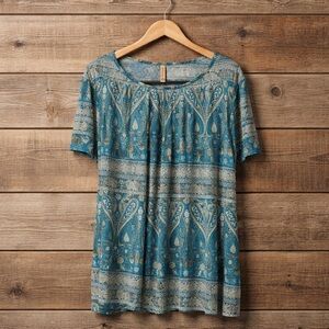 Anymeet 3XL Boho Paisley Short-Sleeve Rayon Spandex Top in Teal Tan Black